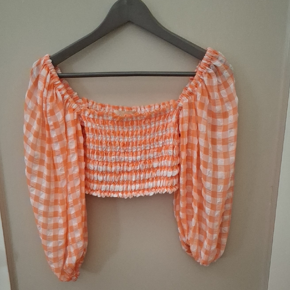 Aggi Orange Gingham Off-Shoulder Top